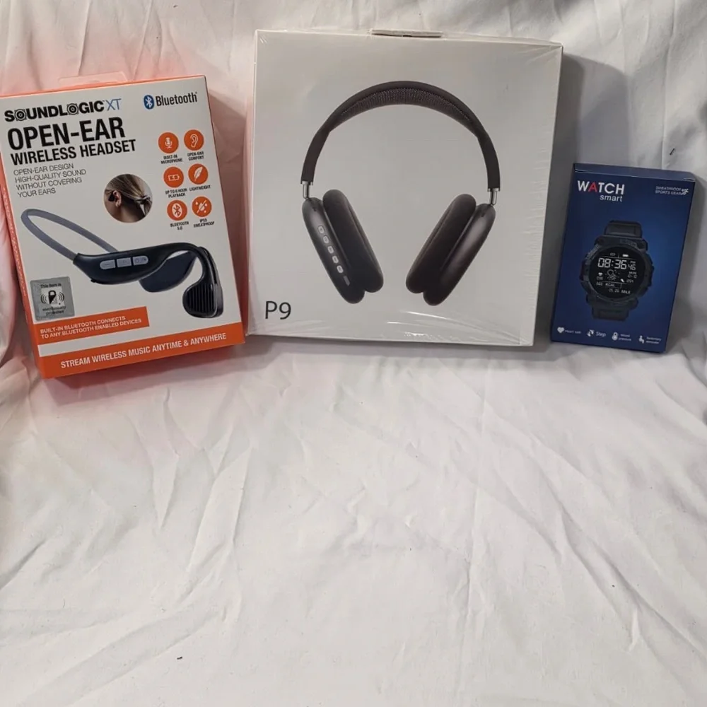 BUNDLE (Black P9 Wireless Headphones + SoundLogic OpenEar + Red Smart Watch)